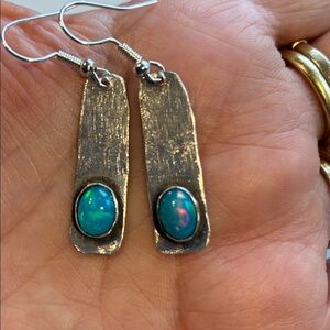 925 Silver and Blue Opal Dangle Earrings